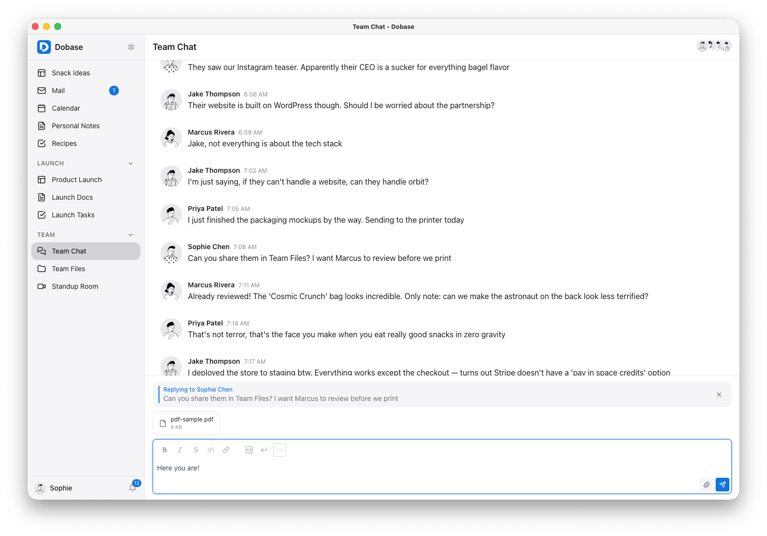 Real-time team chat with file sharing and replies