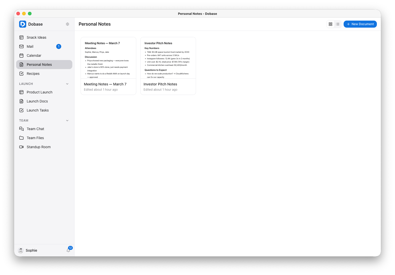 Document cards with content previews