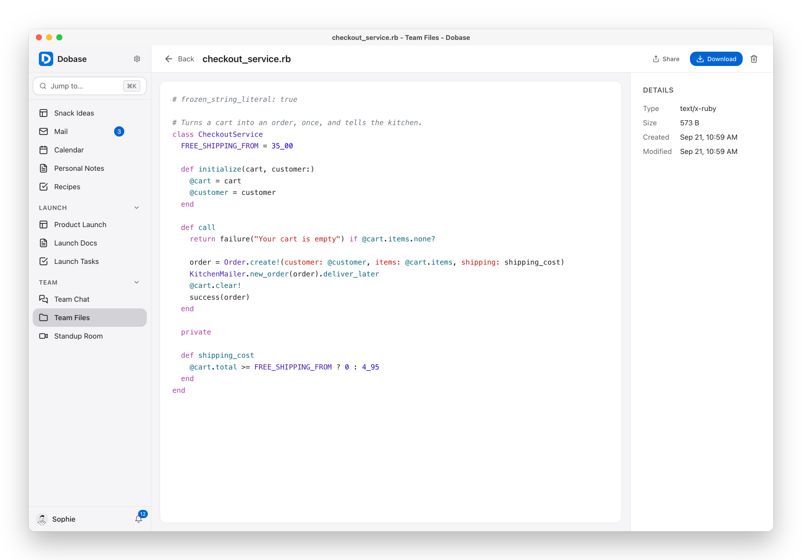 A code file with syntax highlighting in Files