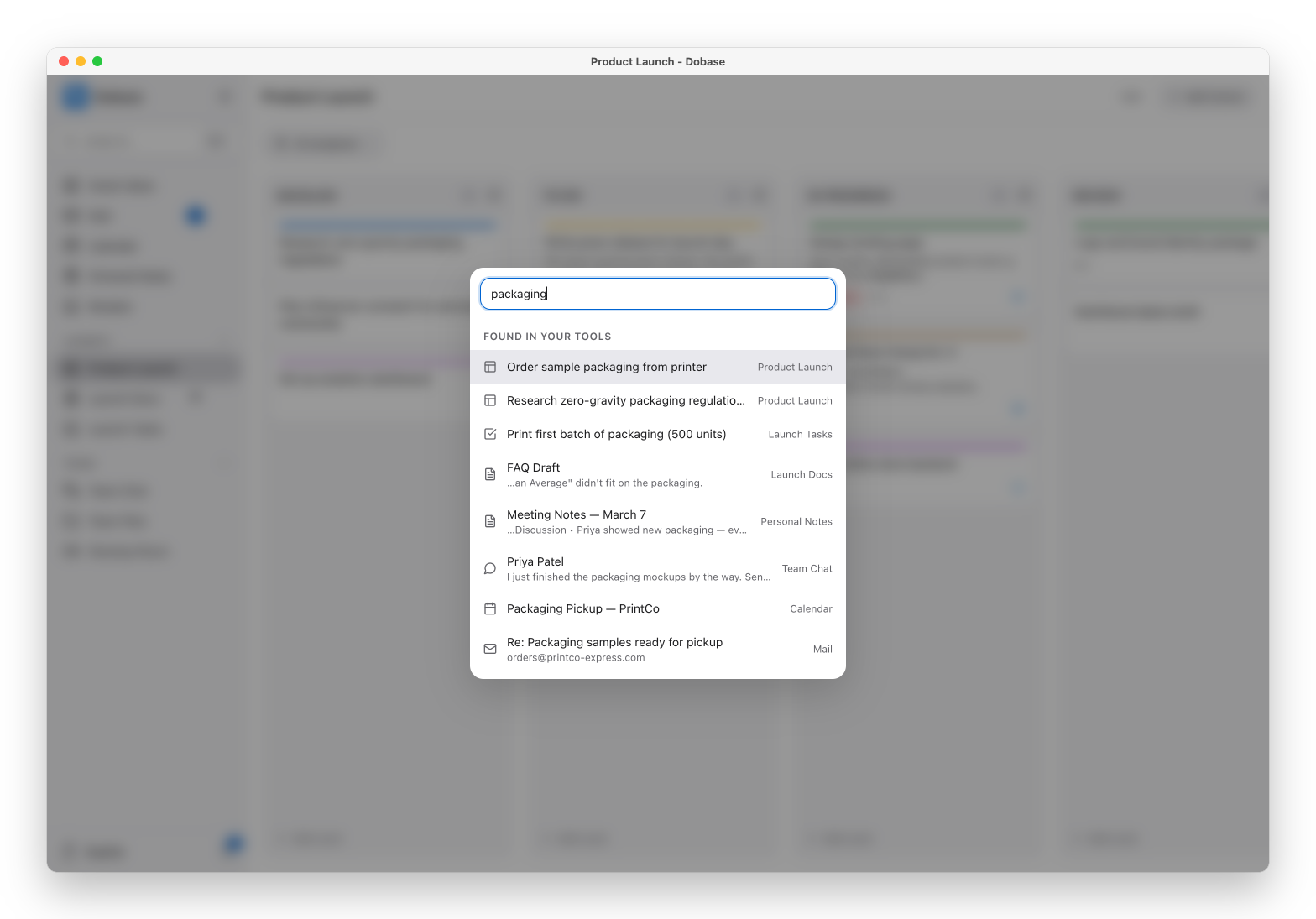 The command palette searching cards, todos, documents, chat, events and mail at once