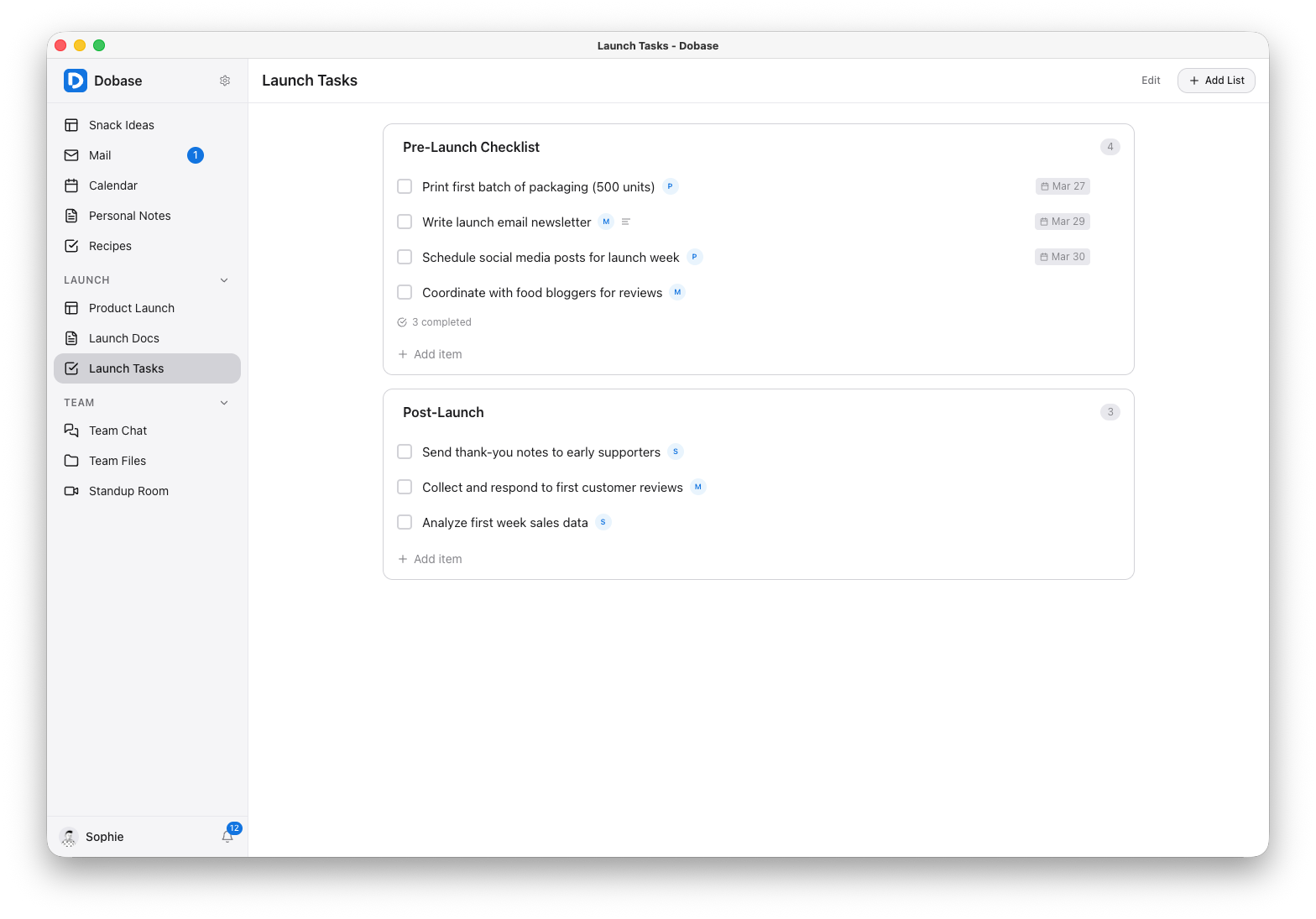 Task lists with due dates and assignments